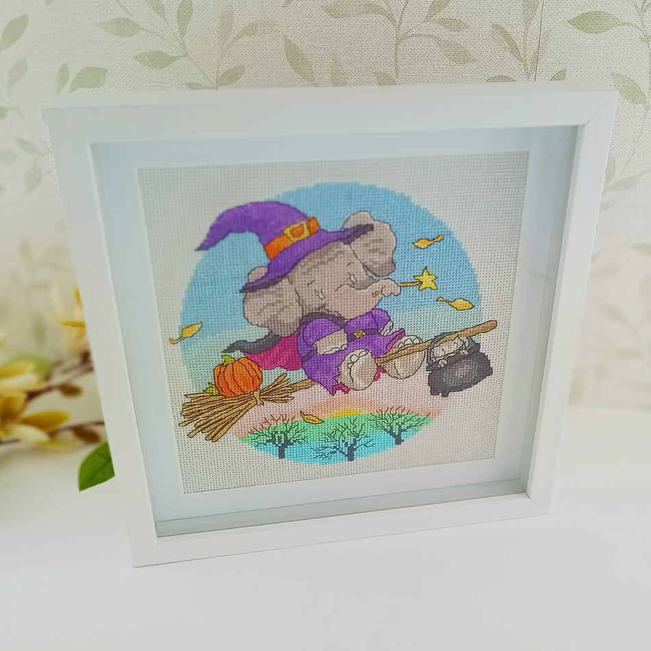 Completed Halloween Witch Embroidery in a Frame