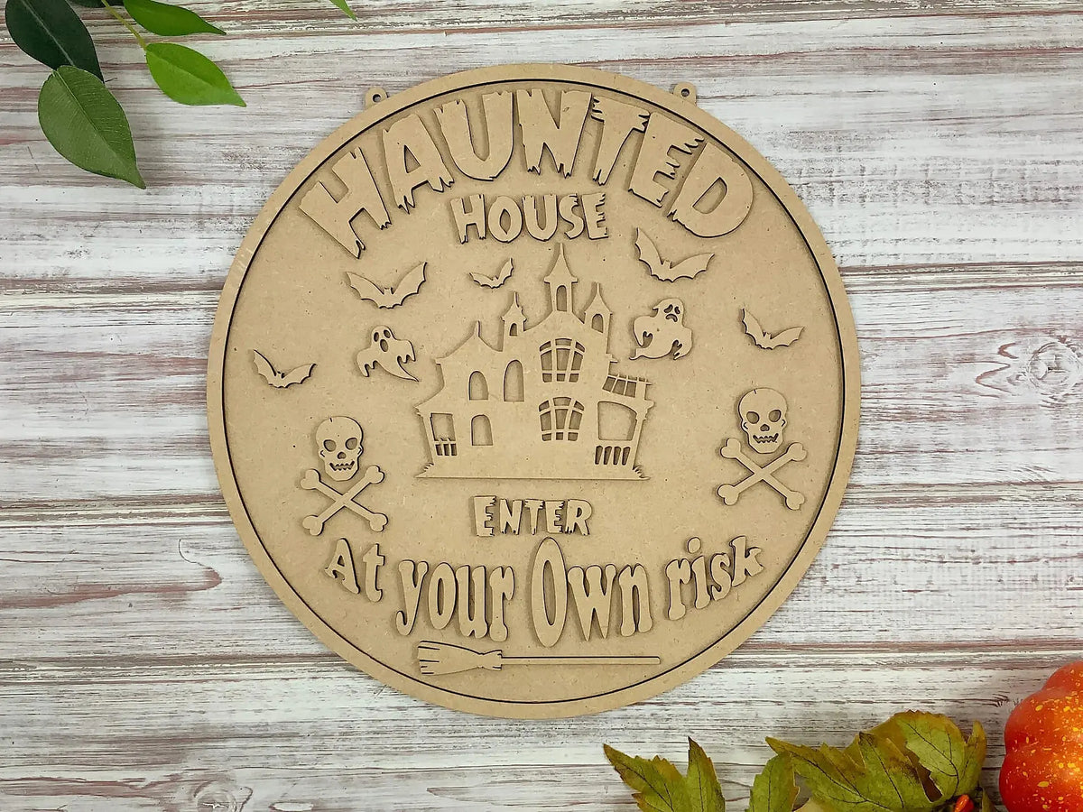 Haunted By Risk Enter at Your Own Risk Halloween Plaque - Haunted House Spooky Sign