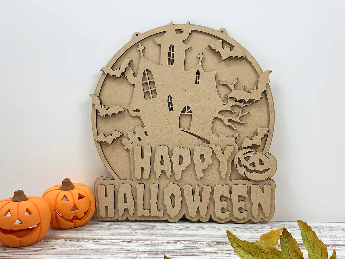 Layered Halloween Haunted House Plaque