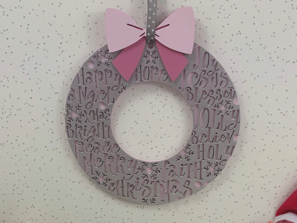 Wooden Christmas Words Wreath with Bow