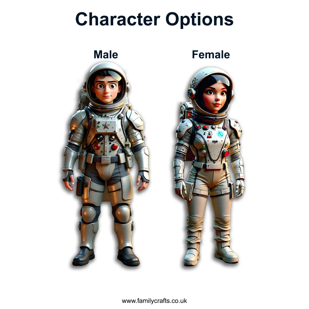 Two astronaut figures, one labeled 'Male' and one labeled 'Female'