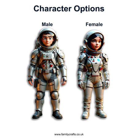 Two astronaut figures, one labeled 'Male' and one labeled 'Female'