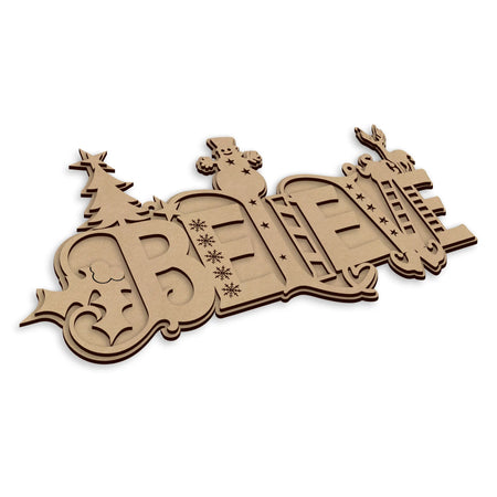 Laser-cut wooden Christmas sign spelling 'BELIEVE' with holiday-themed cutouts including a Christmas tree, snowman, ladder, and stars, shown on a plain white background.