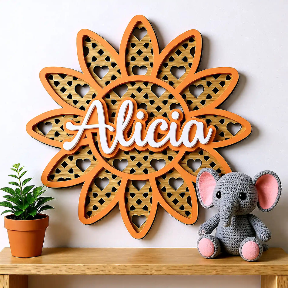 Nursery wall styling with personalised flower name plaque