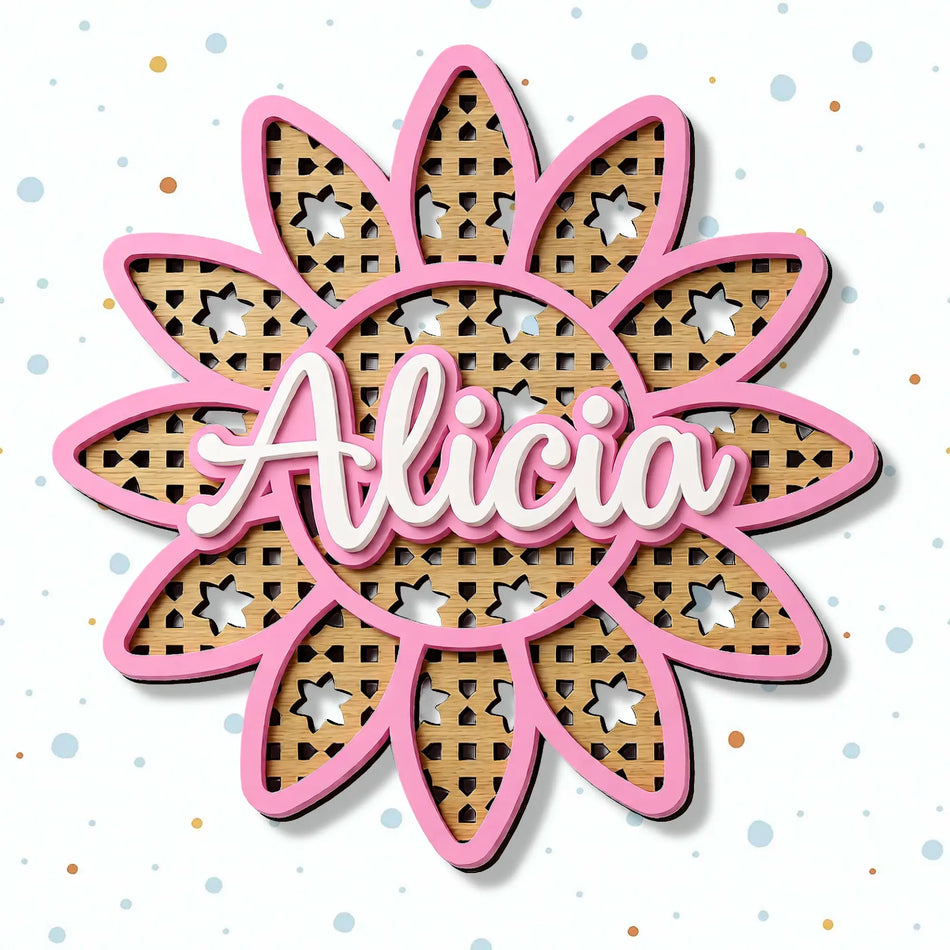 Boho personalised nursery name sign with rattan flower design