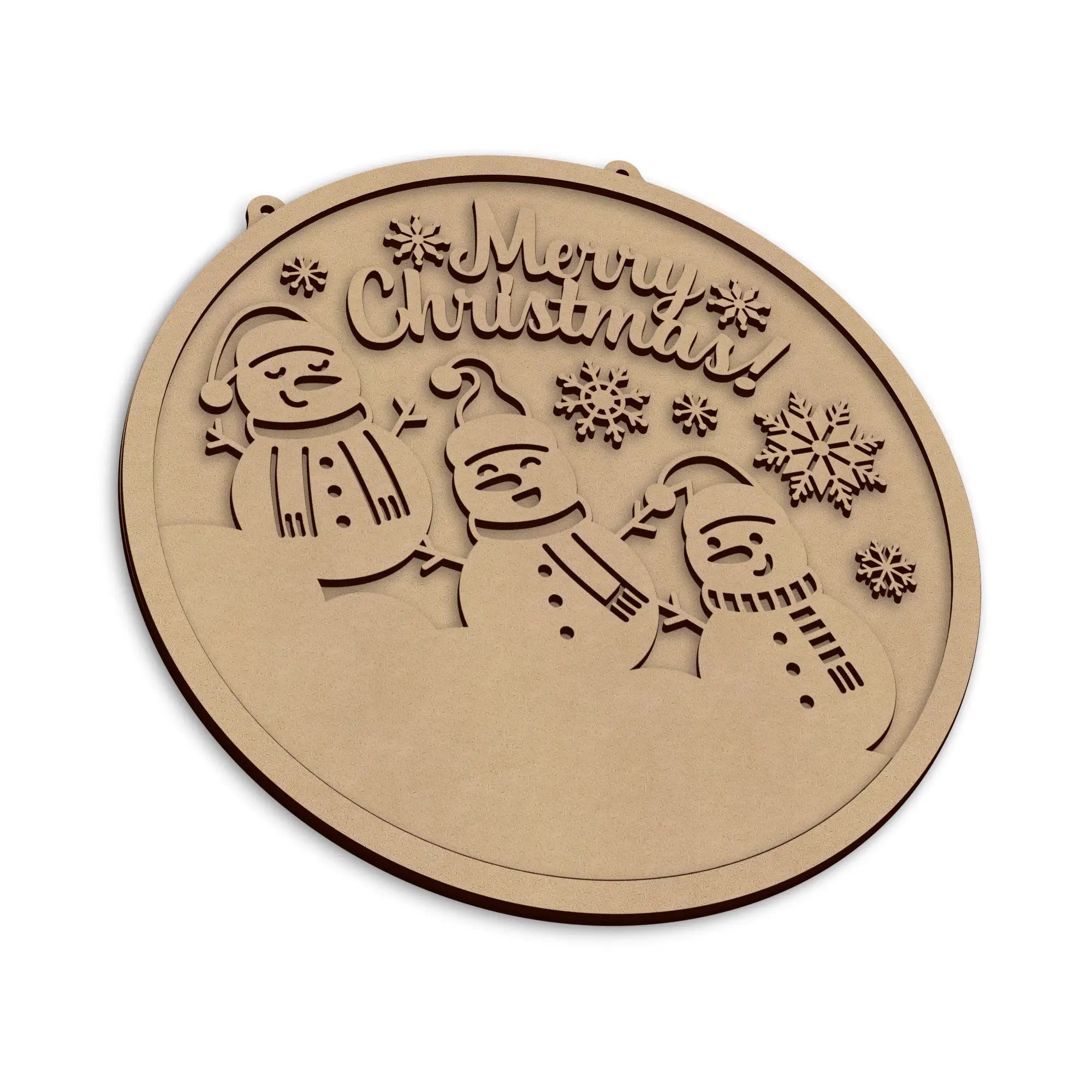 An round wooden Christmas plaque with laser-cut snowmen and the words 'Merry Christmas!' on a plain white background.