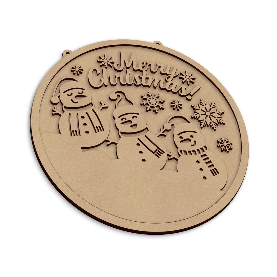 An round wooden Christmas plaque with laser-cut snowmen and the words 'Merry Christmas!' on a plain white background.