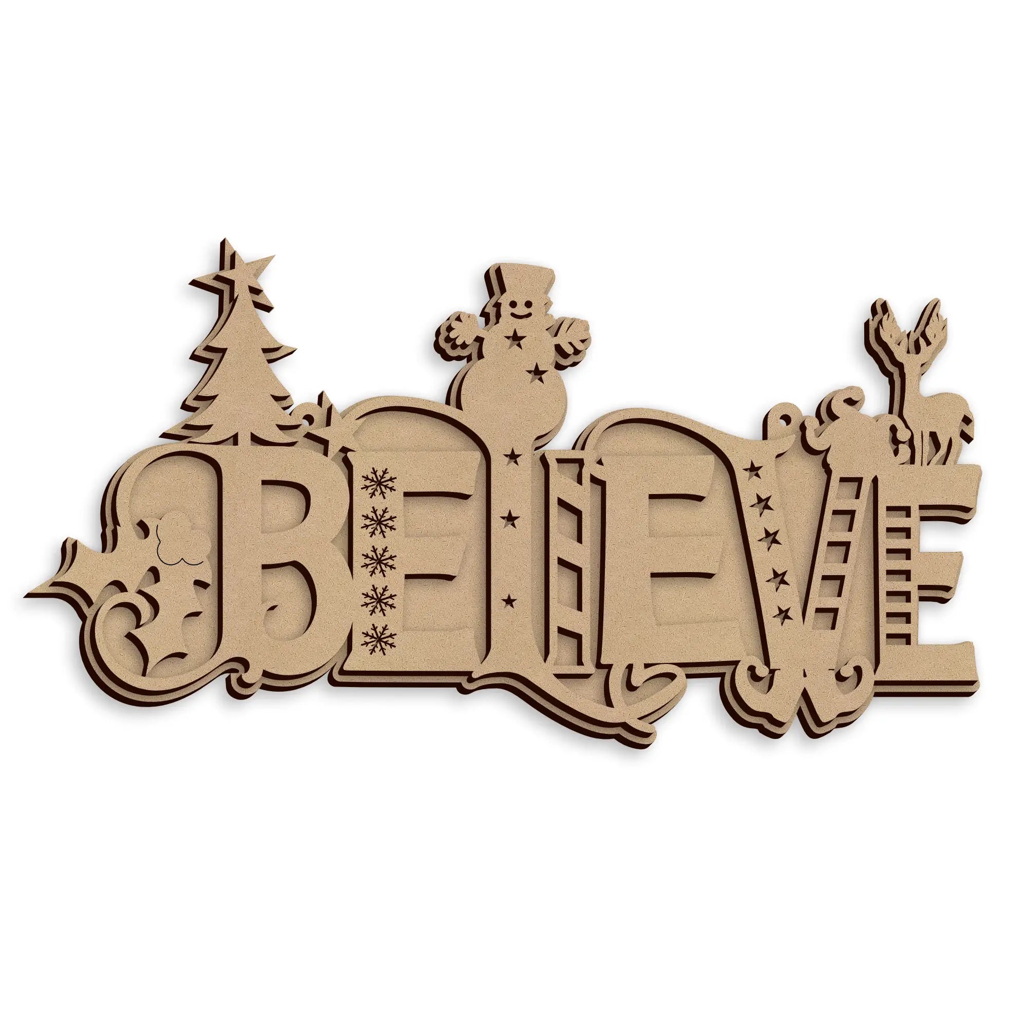 Christmas Believe Seasonal Plaque wooden laser cut decoration ready to paint and display.