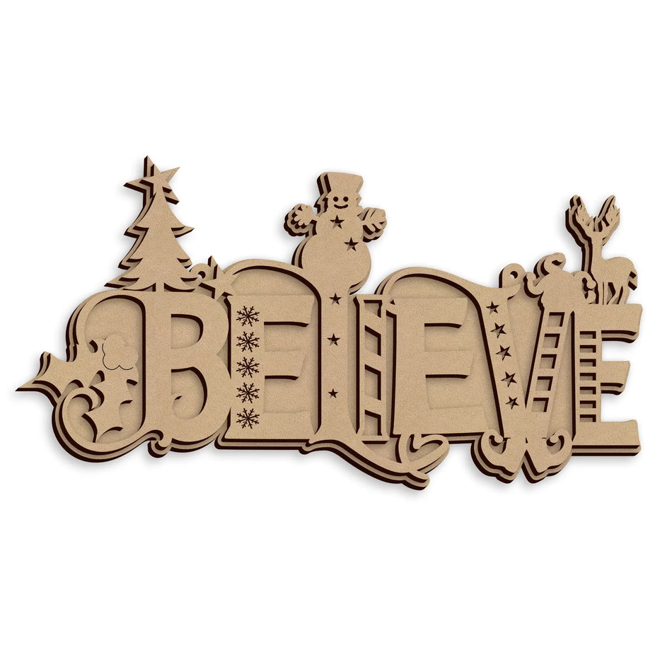 Christmas Believe Seasonal Plaque wooden laser cut decoration ready to paint and display.