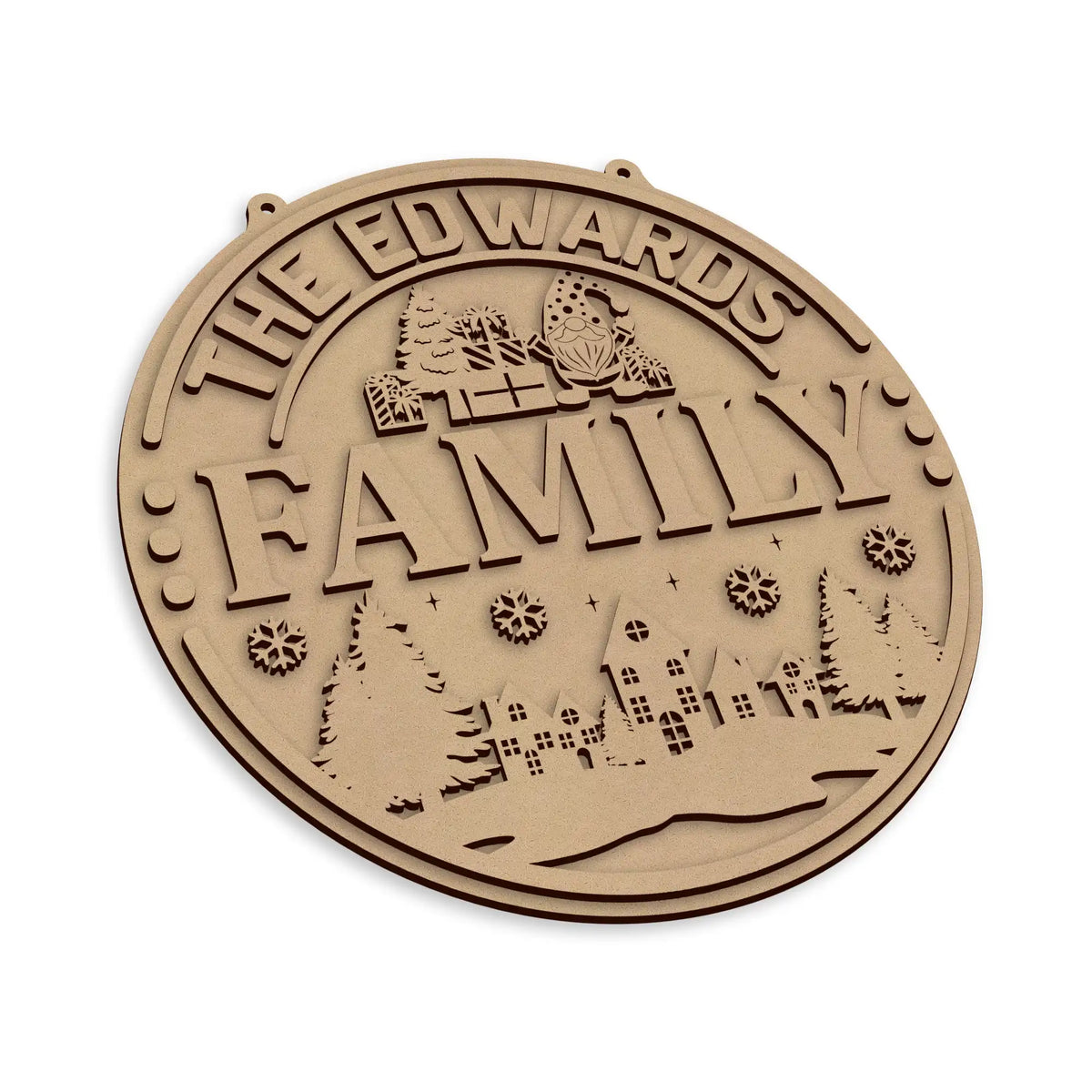 A round, personalised laser-cut wooden plaque with a winter landscape design on a plain white background.