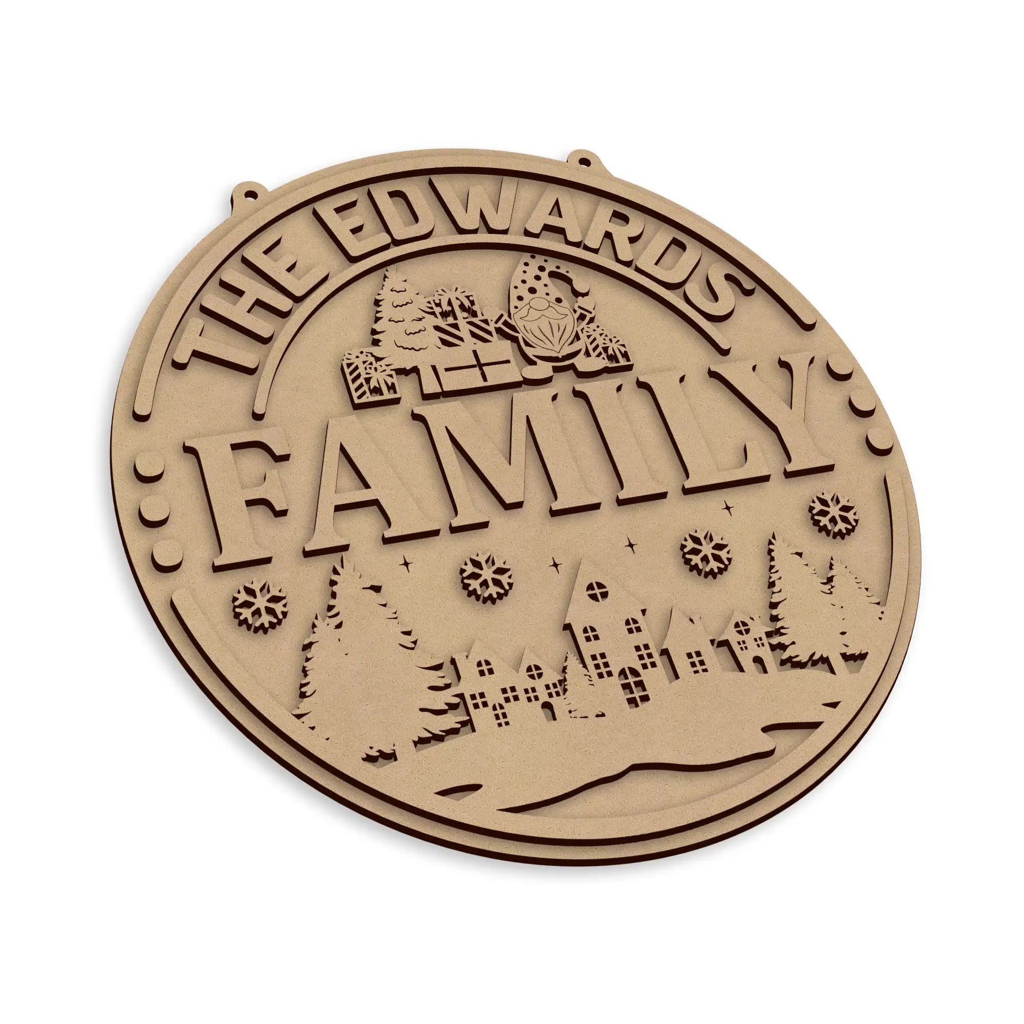 A round, personalised laser-cut wooden plaque with a winter landscape design on a plain white background.