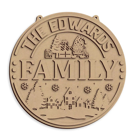 Personalised Christmas Themed Family Name Sign wooden festive plaque ready to decorate and display.