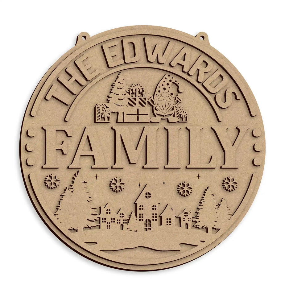 Personalised Christmas Themed Family Name Sign wooden festive plaque ready to decorate and display.