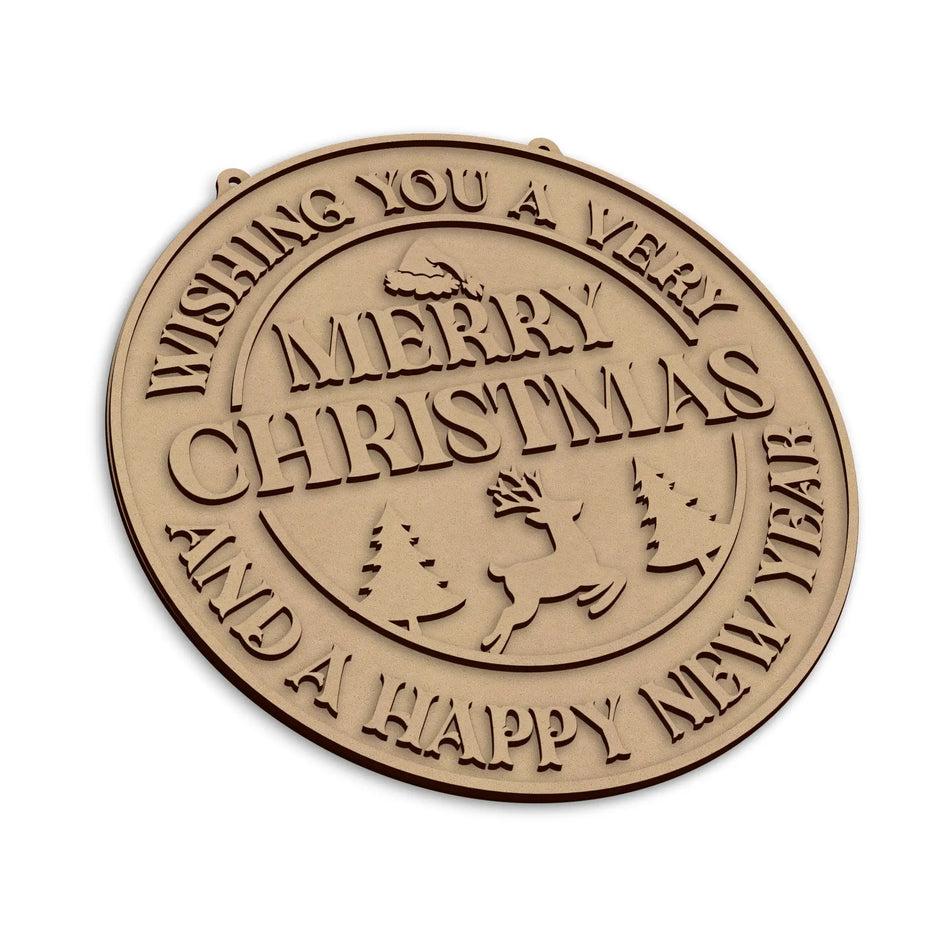 A round wooden Christmas plaque with 'Merry Christmas' and 'A Happy New Year,' lettering with a small reindeer and tree design, shown on a plain white background.