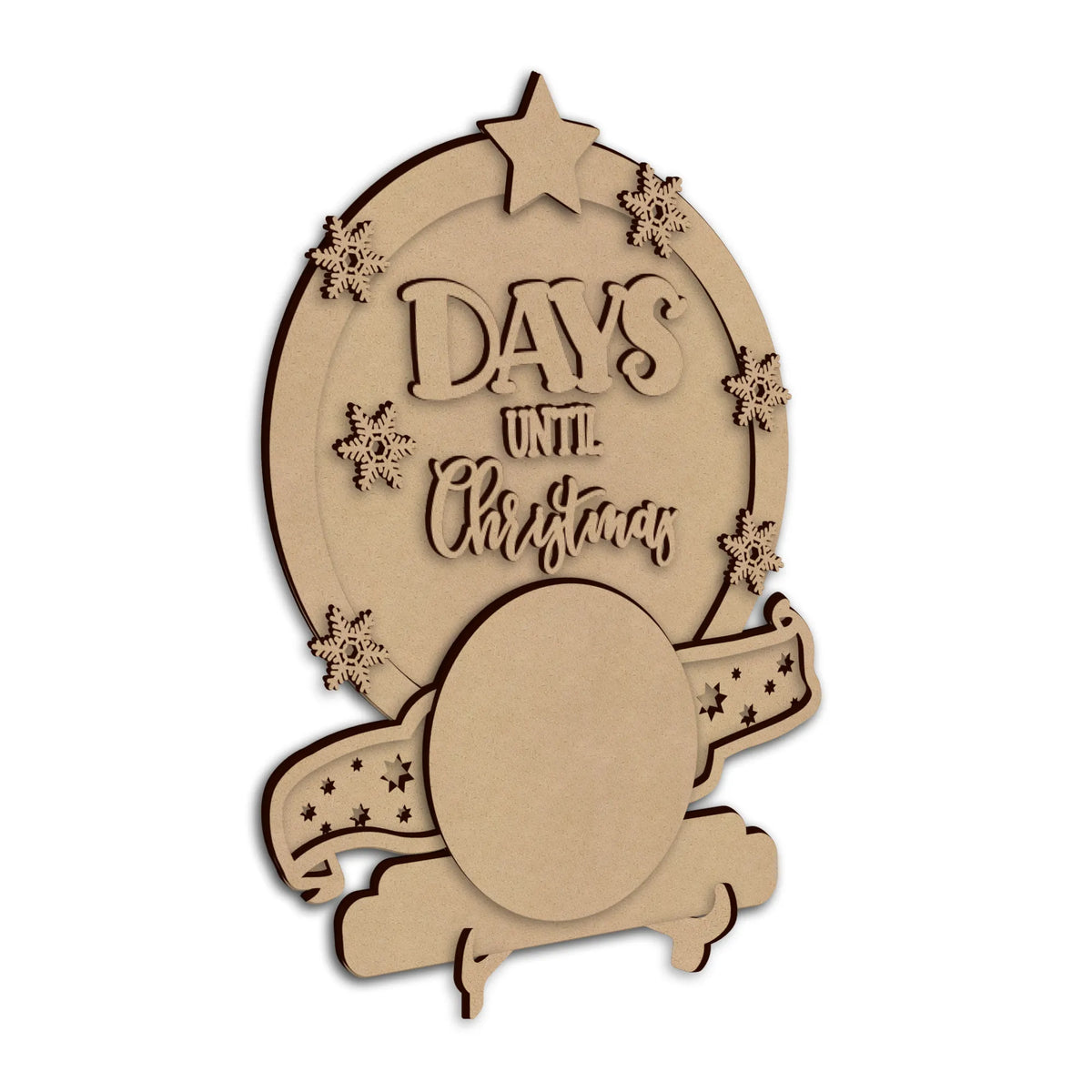 A laser-cut wooden Christmas plaque featuring the text 'DAYS UNTIL Christmas' in an oval frame with a star at the top, snowflakes, and ribbon details, shown on a plain white background.