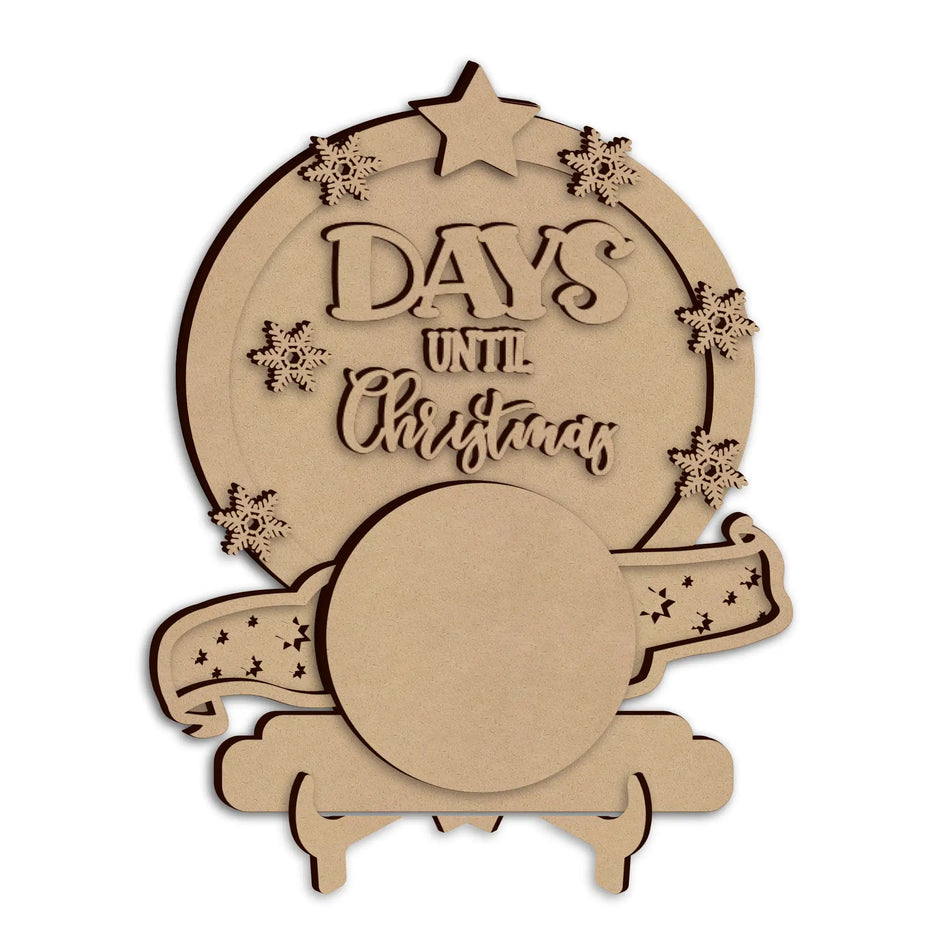 A wooden 'DAYS UNTIL Christmas' plaque, displayed on a plain white background.