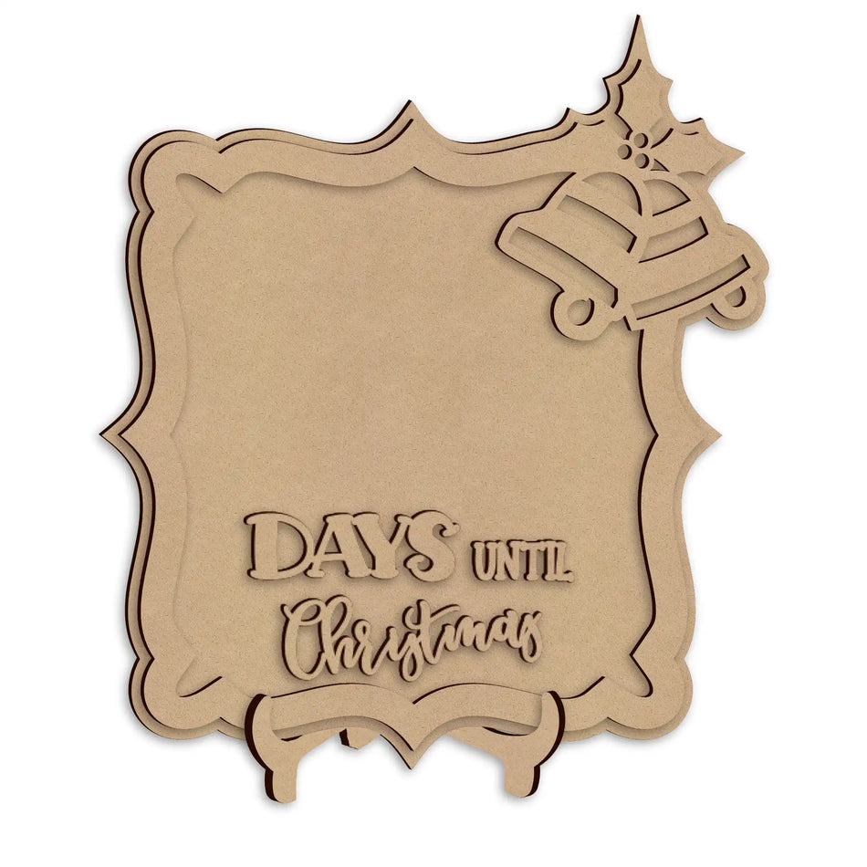 A laser-cut wooden Christmas sign with the words 'DAYS UNTIL Christmas' on the front, shown on a plain white background.
