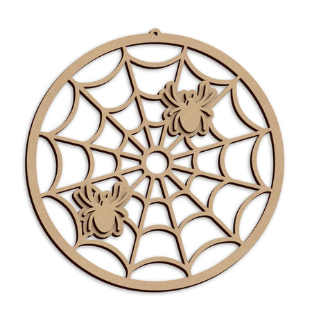 Laser cut Creepy Halloween Spiders Web Sign made from MDF for spooky Halloween wall and door decoration.