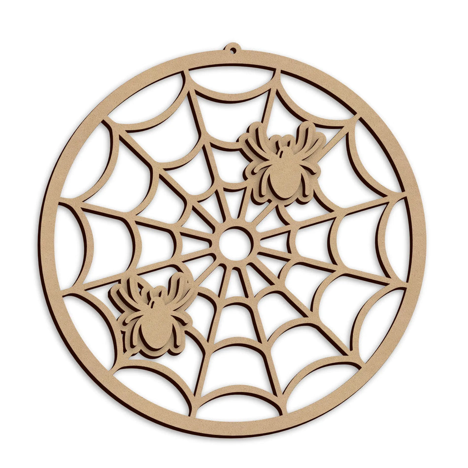 Laser cut Creepy Halloween Spiders Web Sign made from MDF for spooky Halloween wall and door decoration.