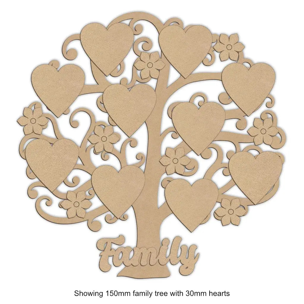 Wooden curly branch family tree with hearts and flowers