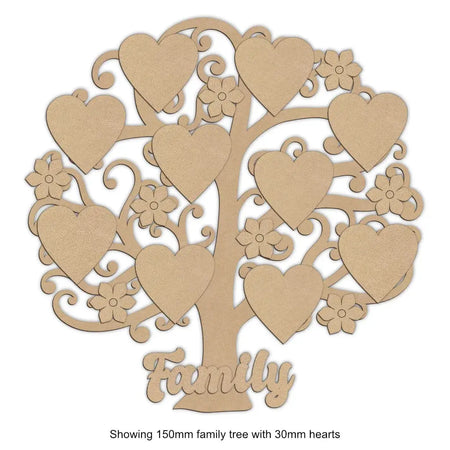 Wooden curly branch family tree with hearts and flowers
