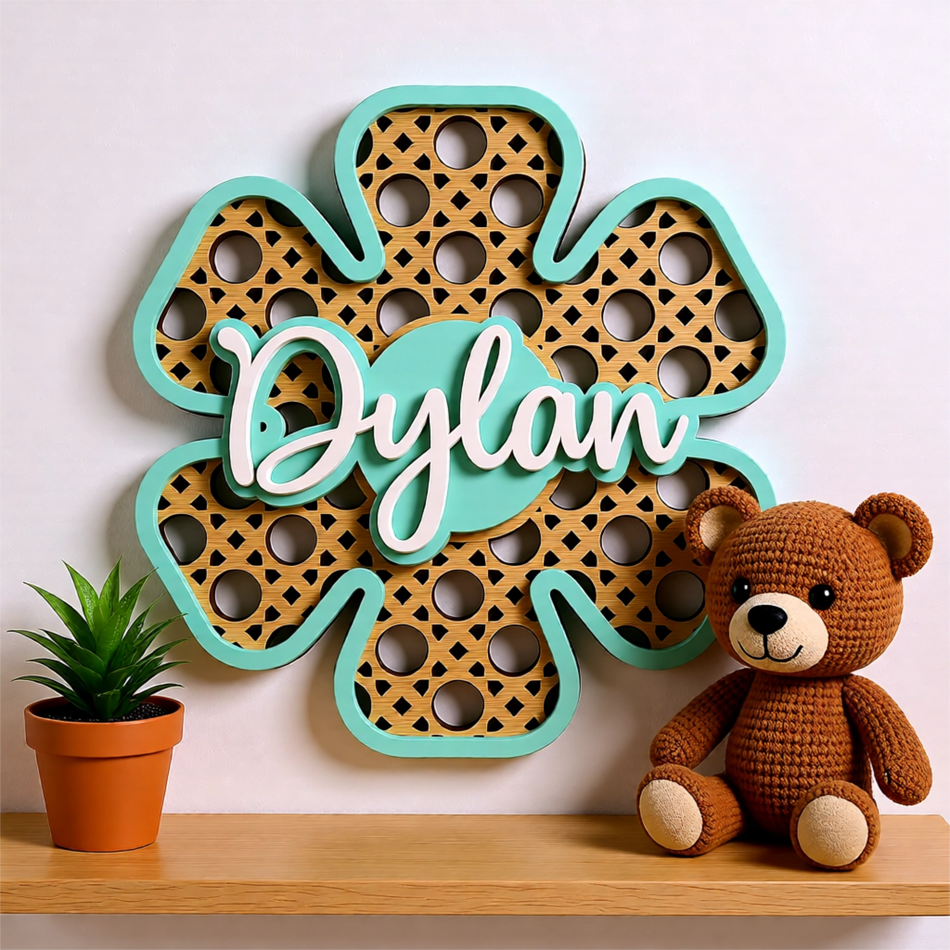 Delicate flower personalised baby name sign with oak veneer