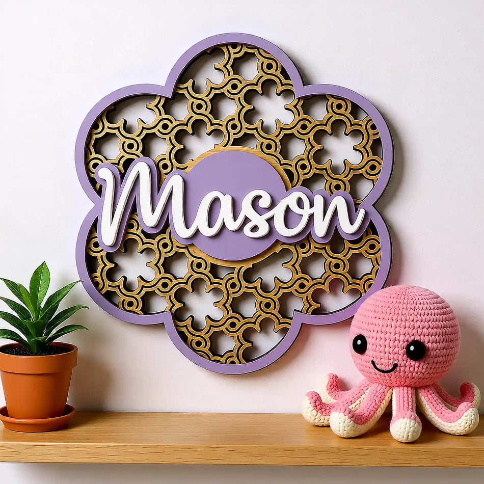 Wooden baby name wall sign styled in neutral nursery setting