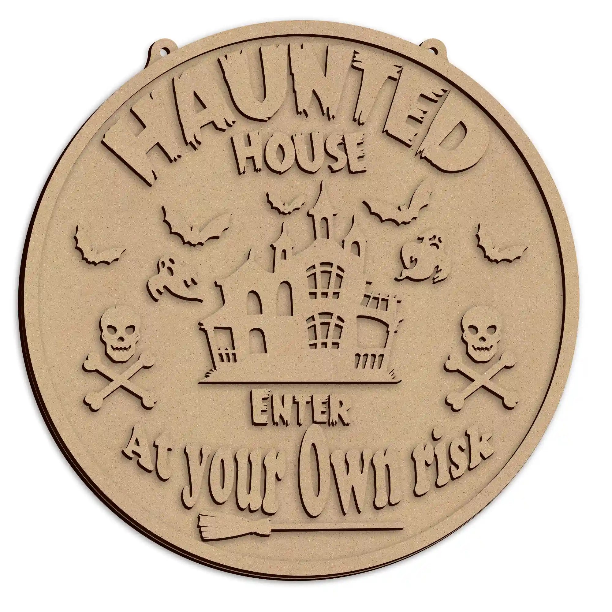 Wooden Enter At Your Own Risk Halloween Plaque laser cut from MDF for spooky seasonal decoration.