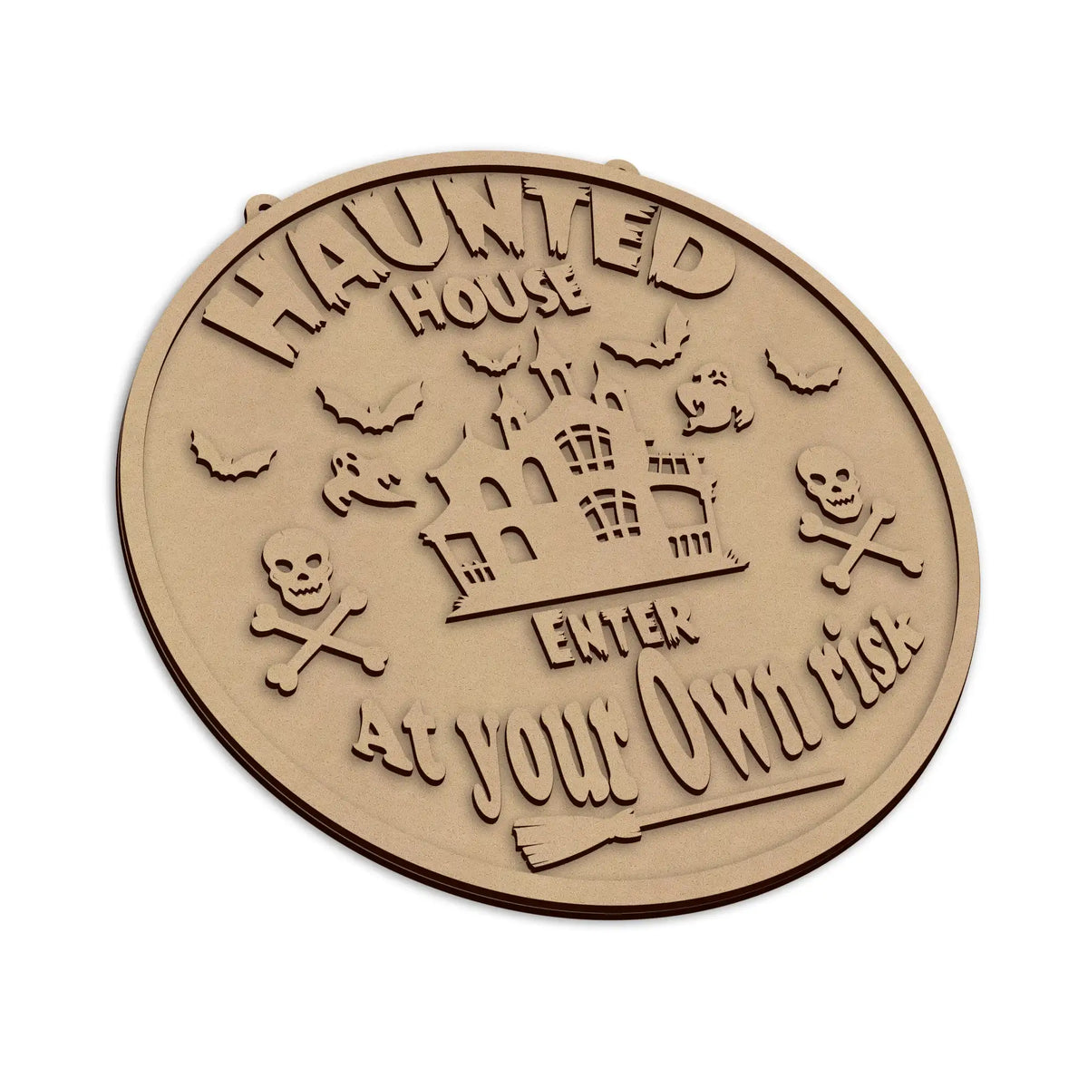A laser cut Enter At Your Own Risk Halloween Plaque, ready to be decorated for the spooky season.