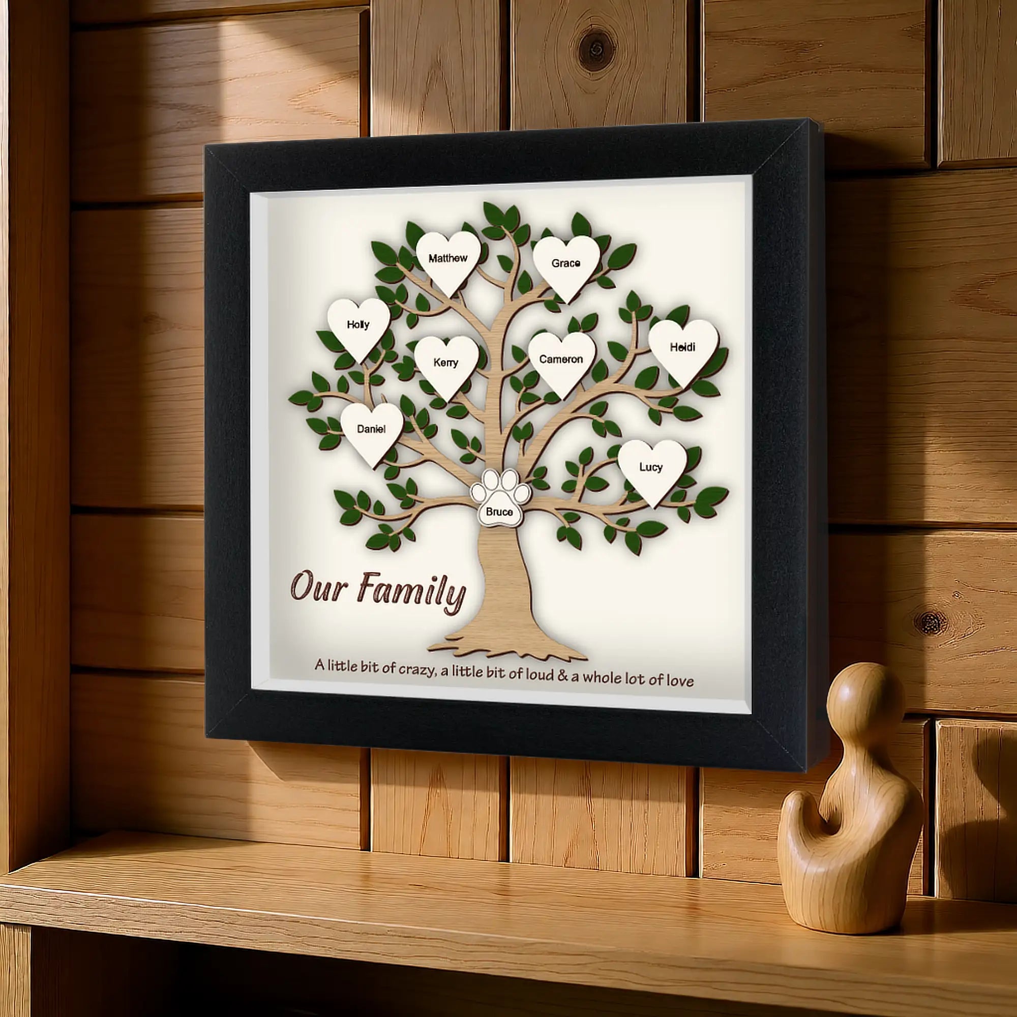 Framed family tree with names on a wooden shelf