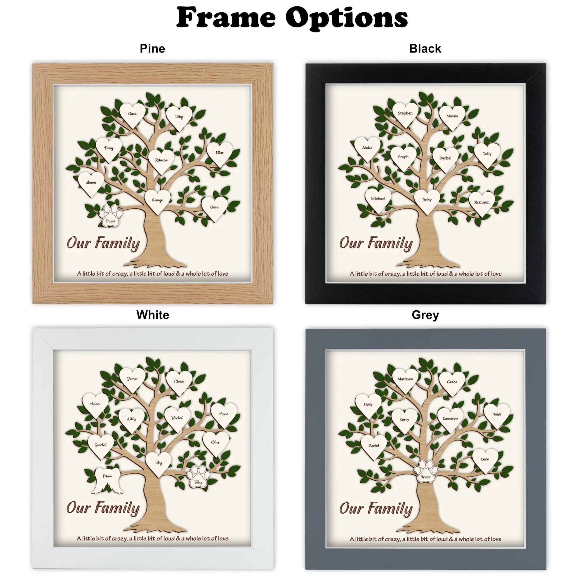 Four framed family tree prints showing different frame colors available.