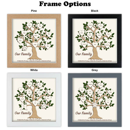 Four framed family tree prints showing different frame colors available.