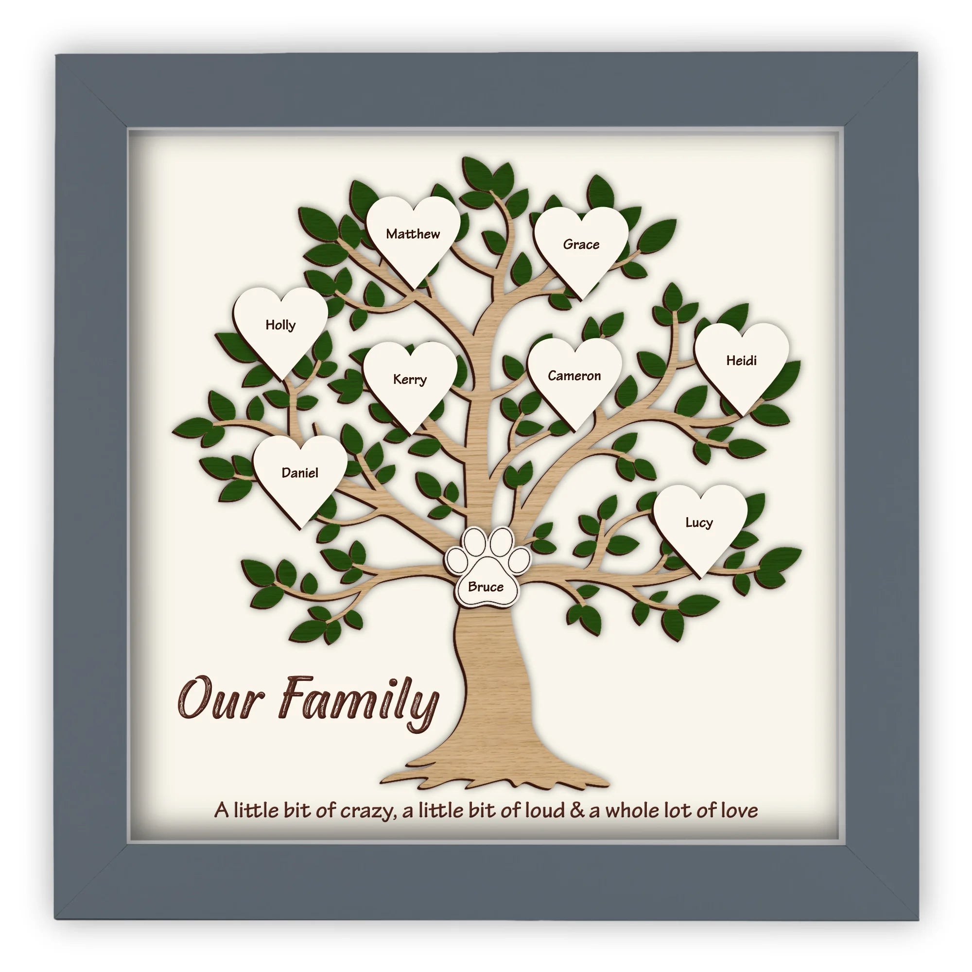 Family tree with personalised hearts, in a wooden frame.