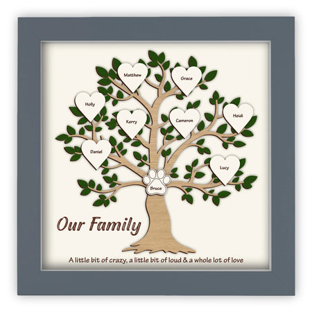 Family tree with personalised hearts, in a wooden frame.