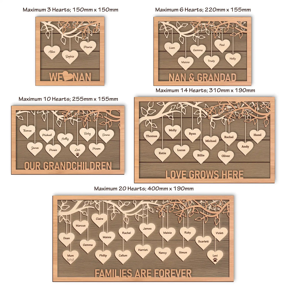 Set of wooden plaque designs with heart shapes and engraved text displaying family names.