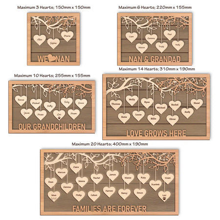Set of wooden plaque designs with heart shapes and engraved text displaying family names.