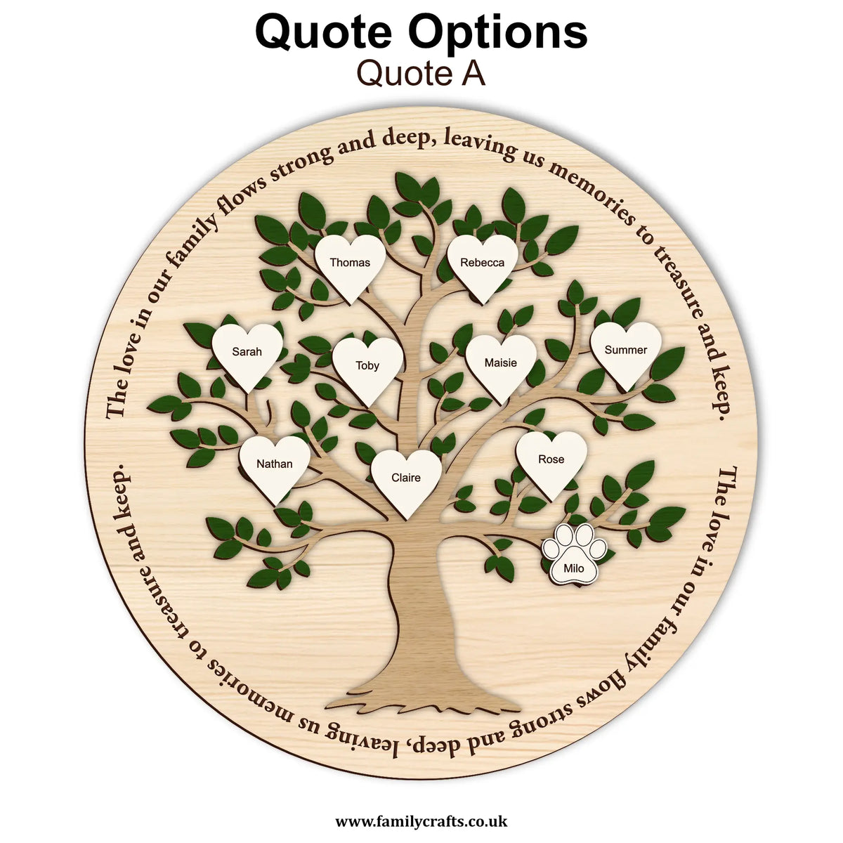 Wooden family tree with engraved names and a quote on a white background