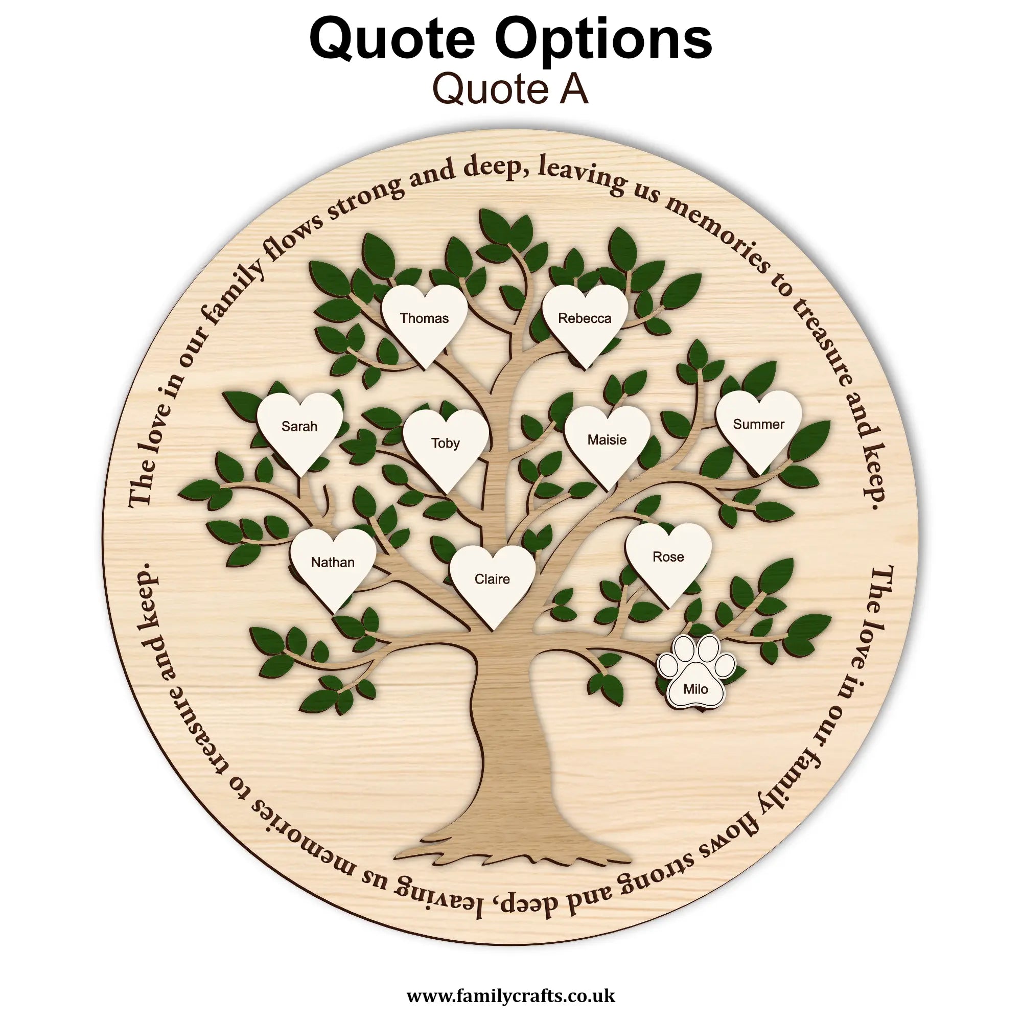 Wooden family tree with engraved names and a quote on a white background