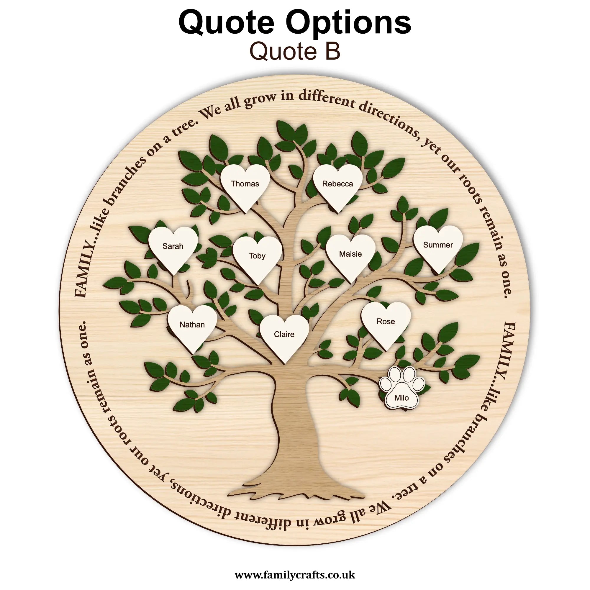 Wooden family tree with heart-shaped nameplates and engraved text on a white background.