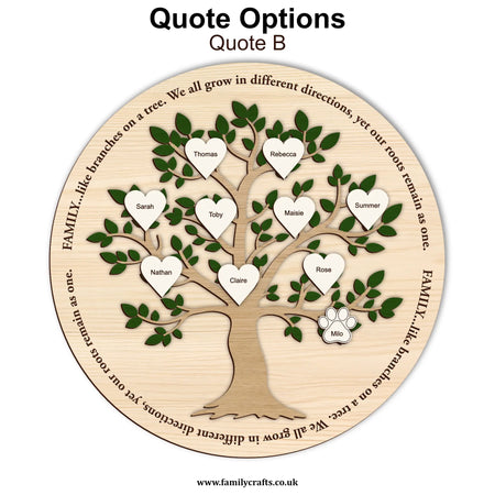 Wooden family tree with heart-shaped nameplates and engraved text on a white background.