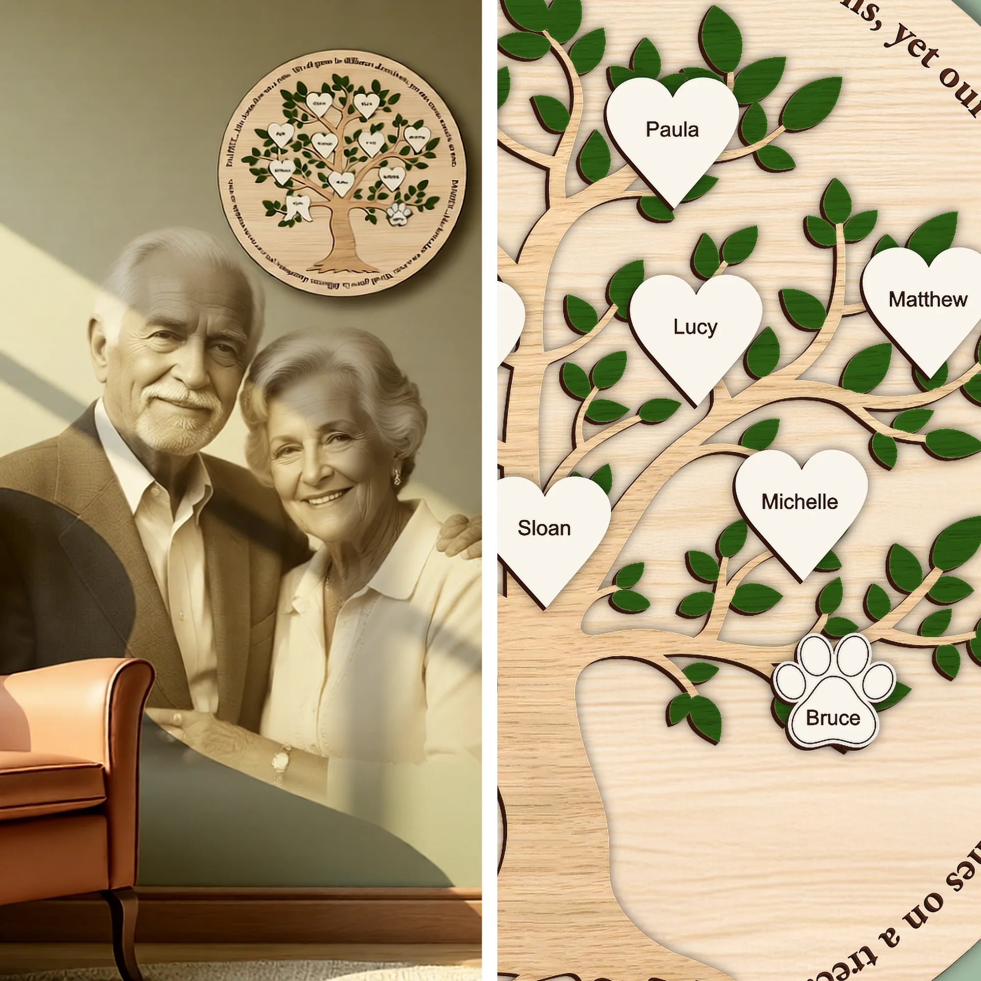Wooden family tree with heart-shaped nameplates and an elderly couple in the background.