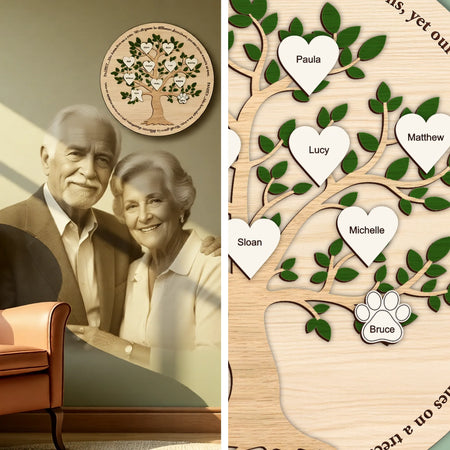 Wooden family tree with heart-shaped nameplates and an elderly couple in the background.