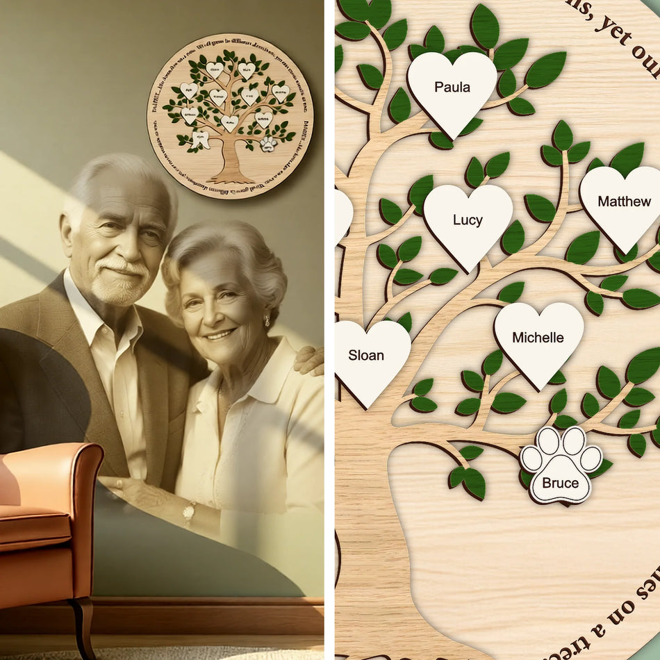 Wooden family tree with heart-shaped nameplates and an elderly couple in the background.