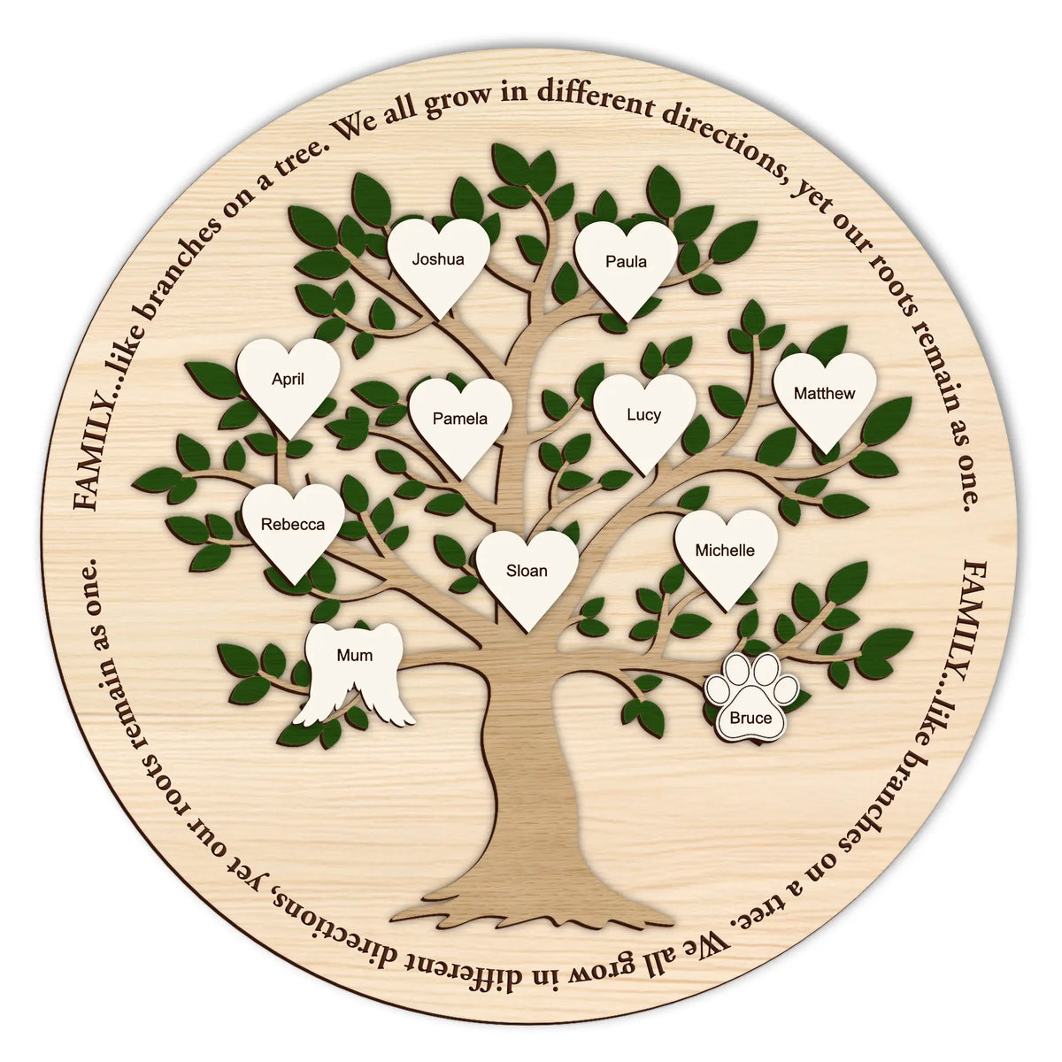 Wooden family tree with engraved names and a quote on a white background