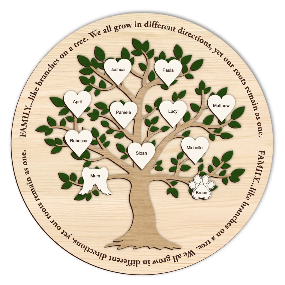 Wooden family tree with engraved names and a quote on a white background