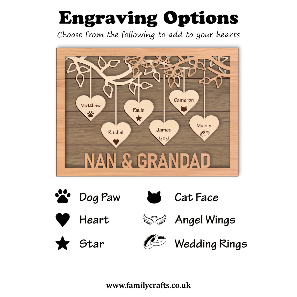 Engraving options for a wooden plaque with heart shapes and names.