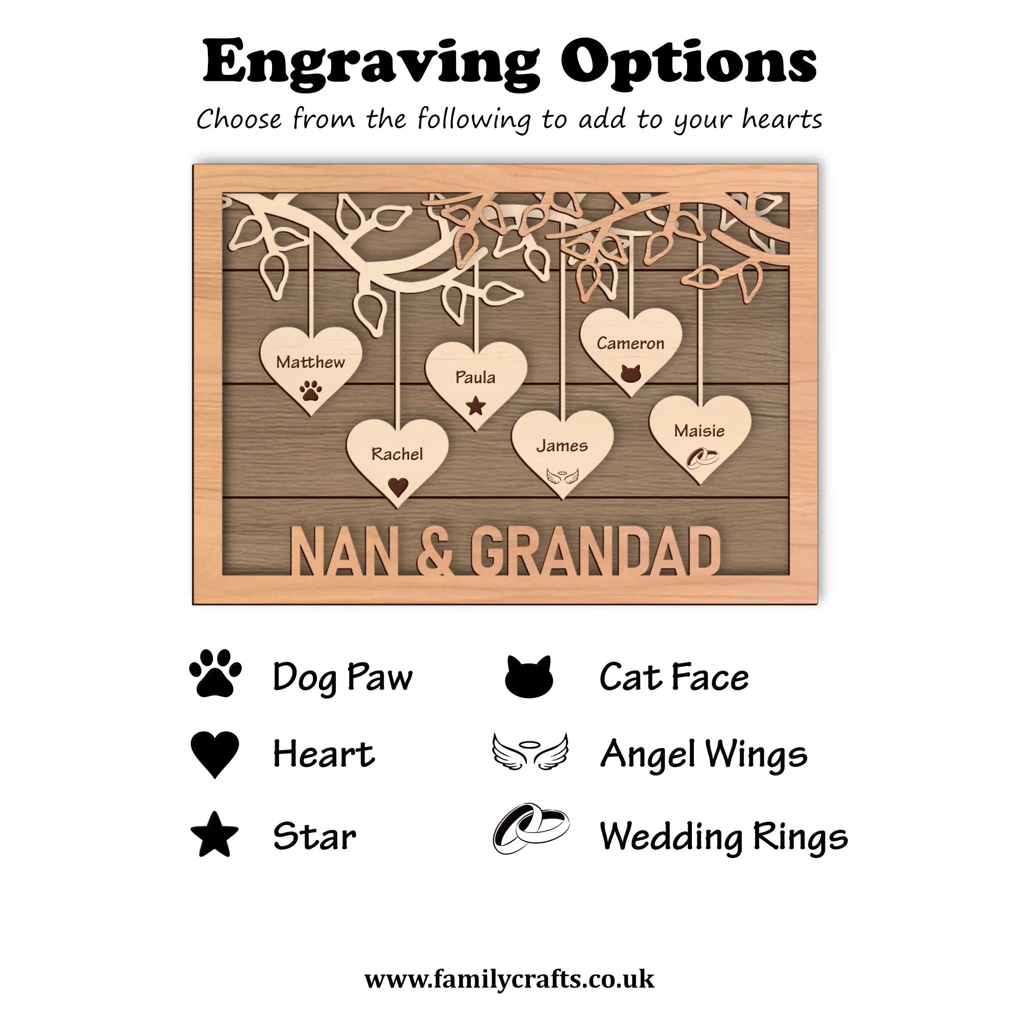 Engraving options for a wooden plaque with heart shapes and names.