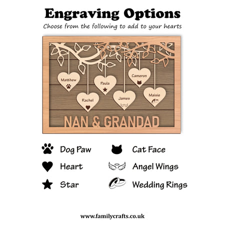 Engraving options for a wooden plaque with heart shapes and names.