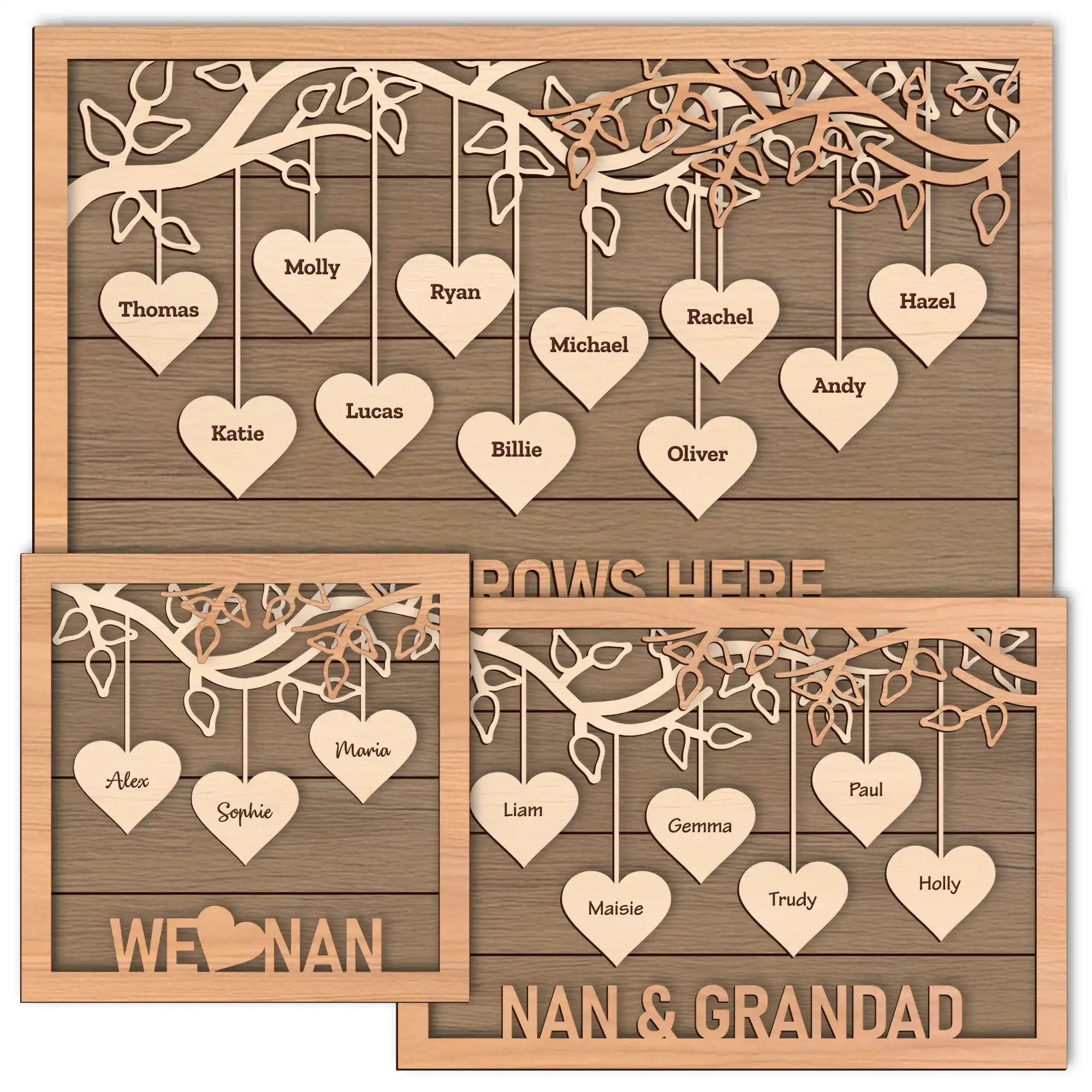 Wooden family tree with hanging hearts and engraved names.