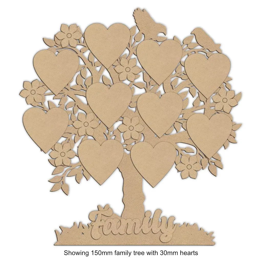 Wooden family tree with birds and hearts
